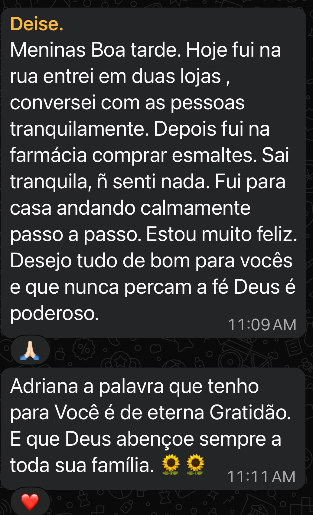 Hoje fui na rua entrei em duas lojas , conversei com as pessoas tranquilamente. Depois fui na farmácia comprar esmaltes. Sai tranquila, ñ senti nada. Fui para casa andando calmamente passo a passo. Estou muito feliz.